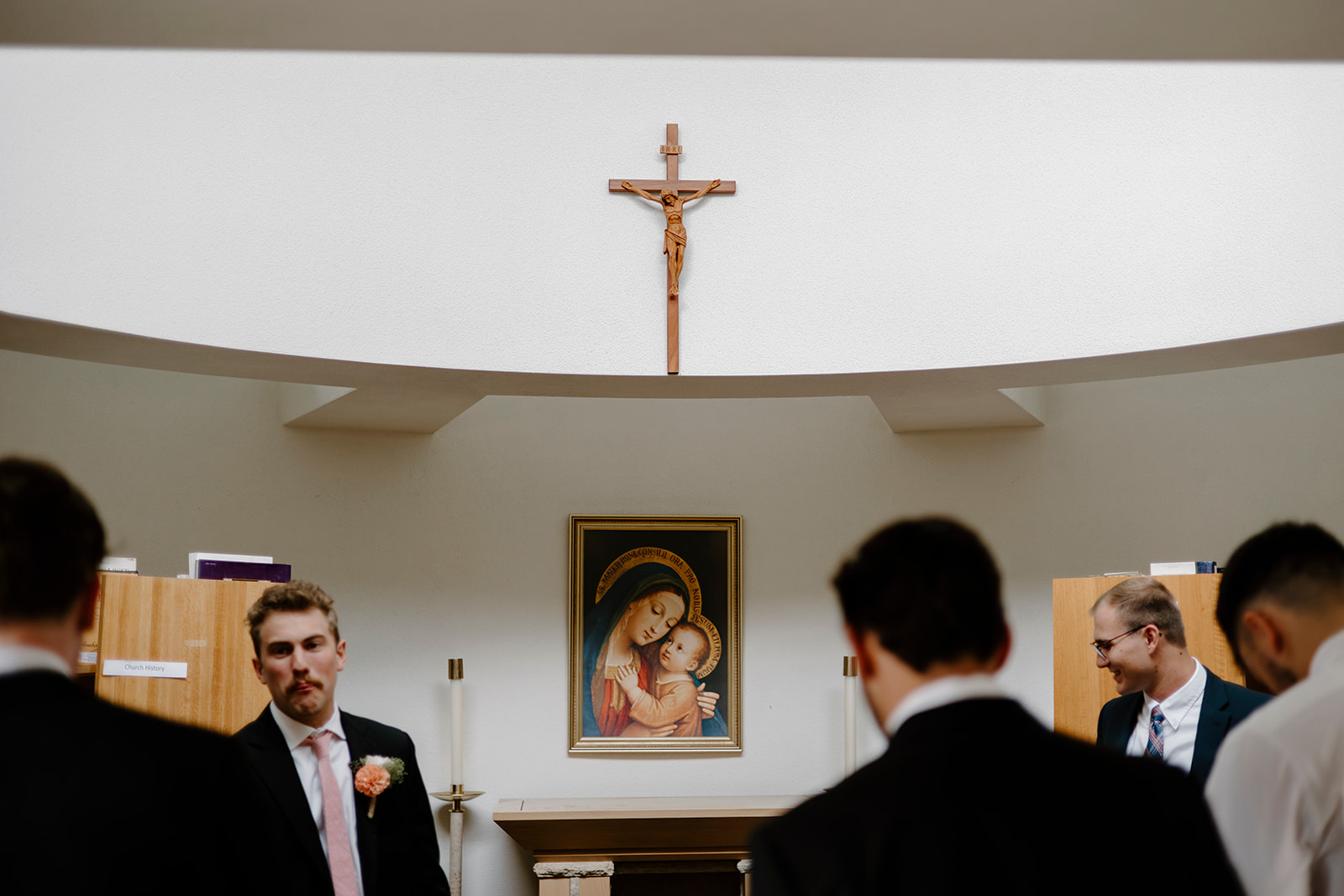 our Blessed Mother Mary in the groomsmen getting ready space